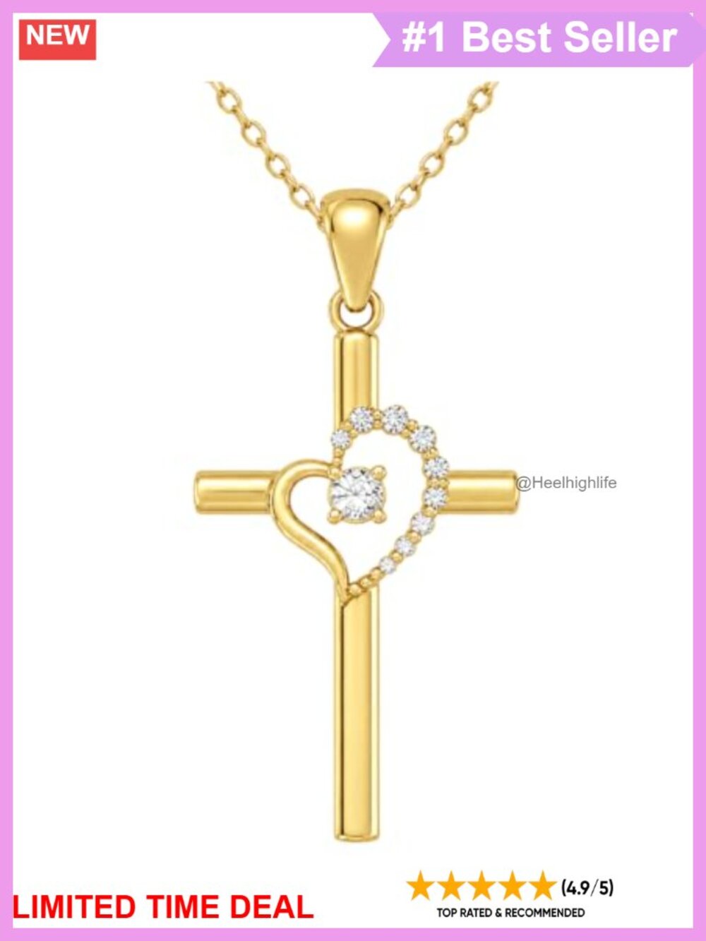 14K Gold Plated Heart Cross Pendant Necklace 18-20" Religious Gift